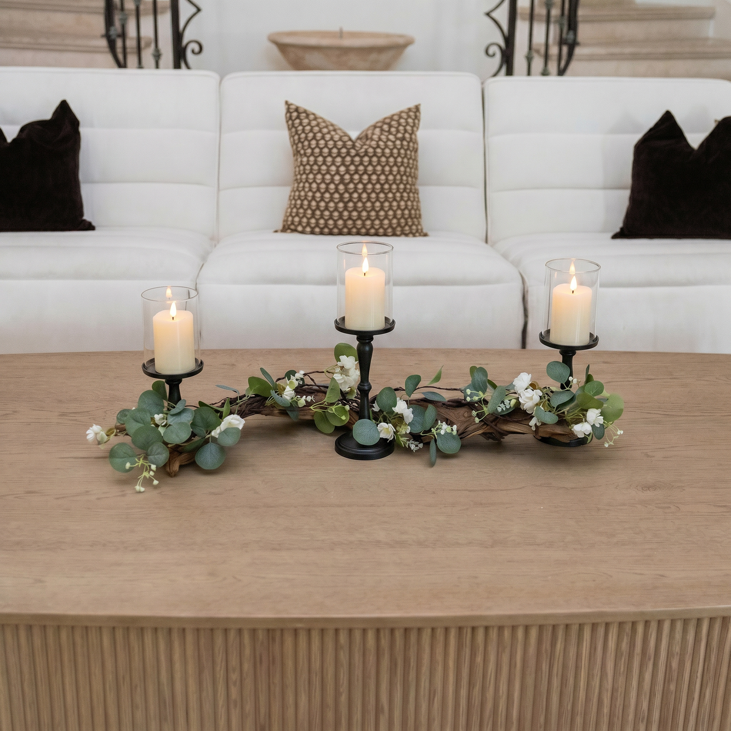 Rustic Farmhouse Centerpiece : Eucalyptus Garland, Black Candle Holders, Table Decor