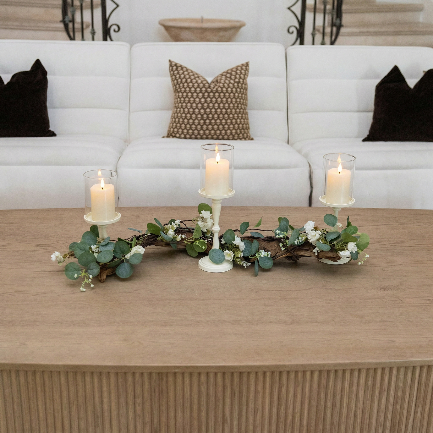 Rustic Farmhouse Centerpiece : Eucalyptus Garland, Ivory Candle Holders, Table Decor