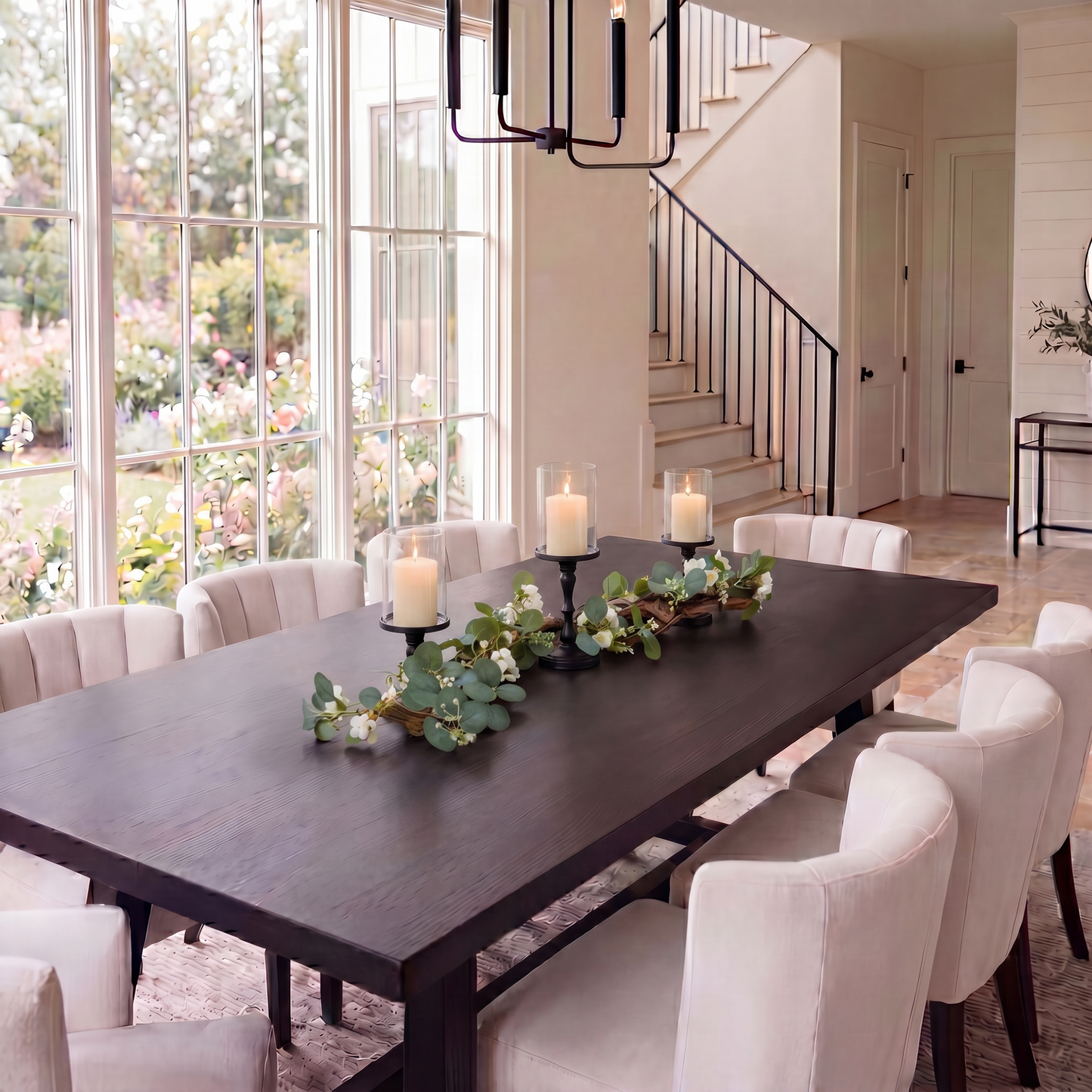 Rustic Farmhouse Centerpiece : Eucalyptus Garland, Black Candle Holders, Table Decor