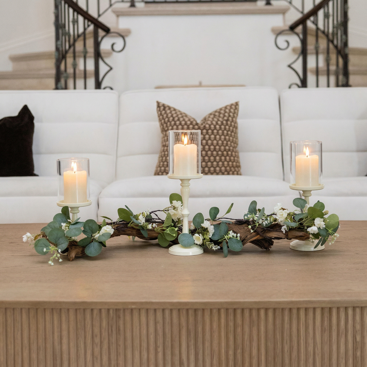 Rustic Farmhouse Centerpiece : Eucalyptus Garland, Ivory Candle Holders, Table Decor