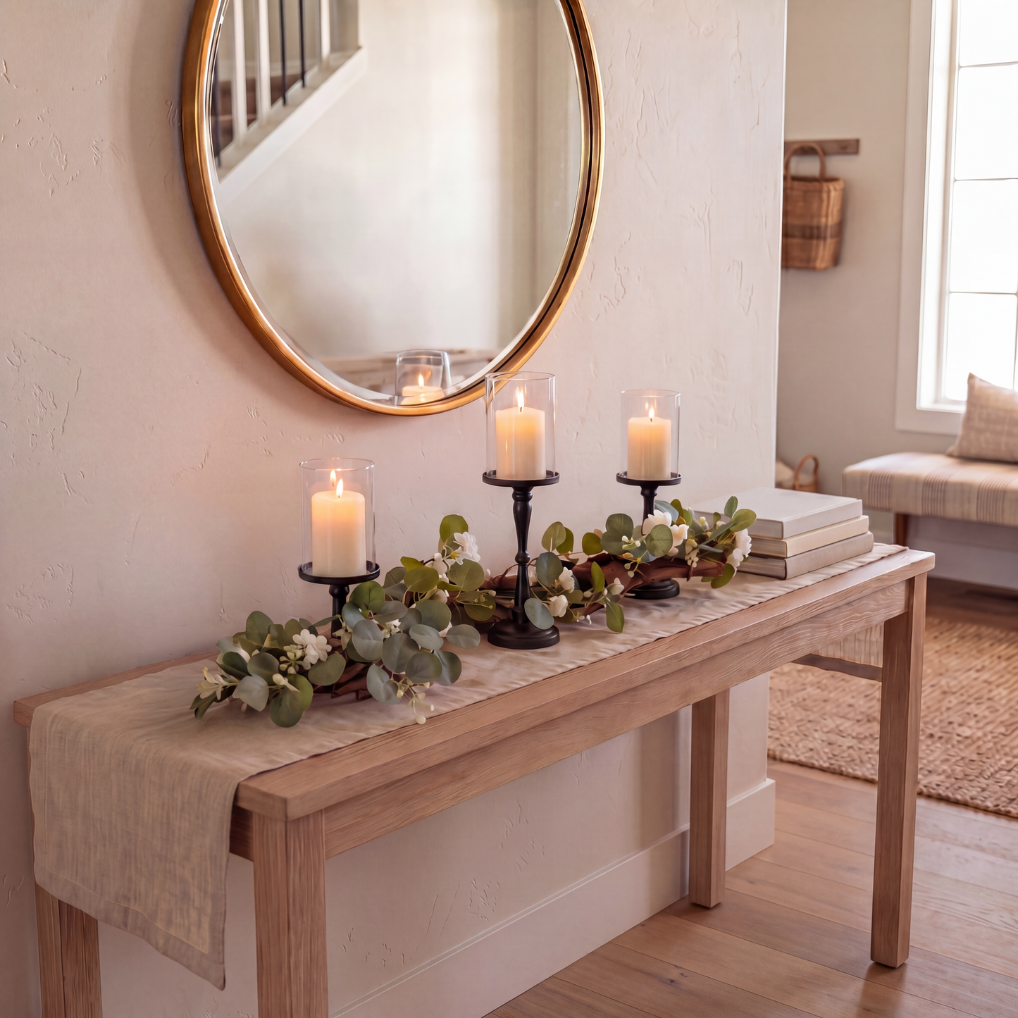 Rustic Farmhouse Centerpiece : Eucalyptus Garland, Black Candle Holders, Table Decor