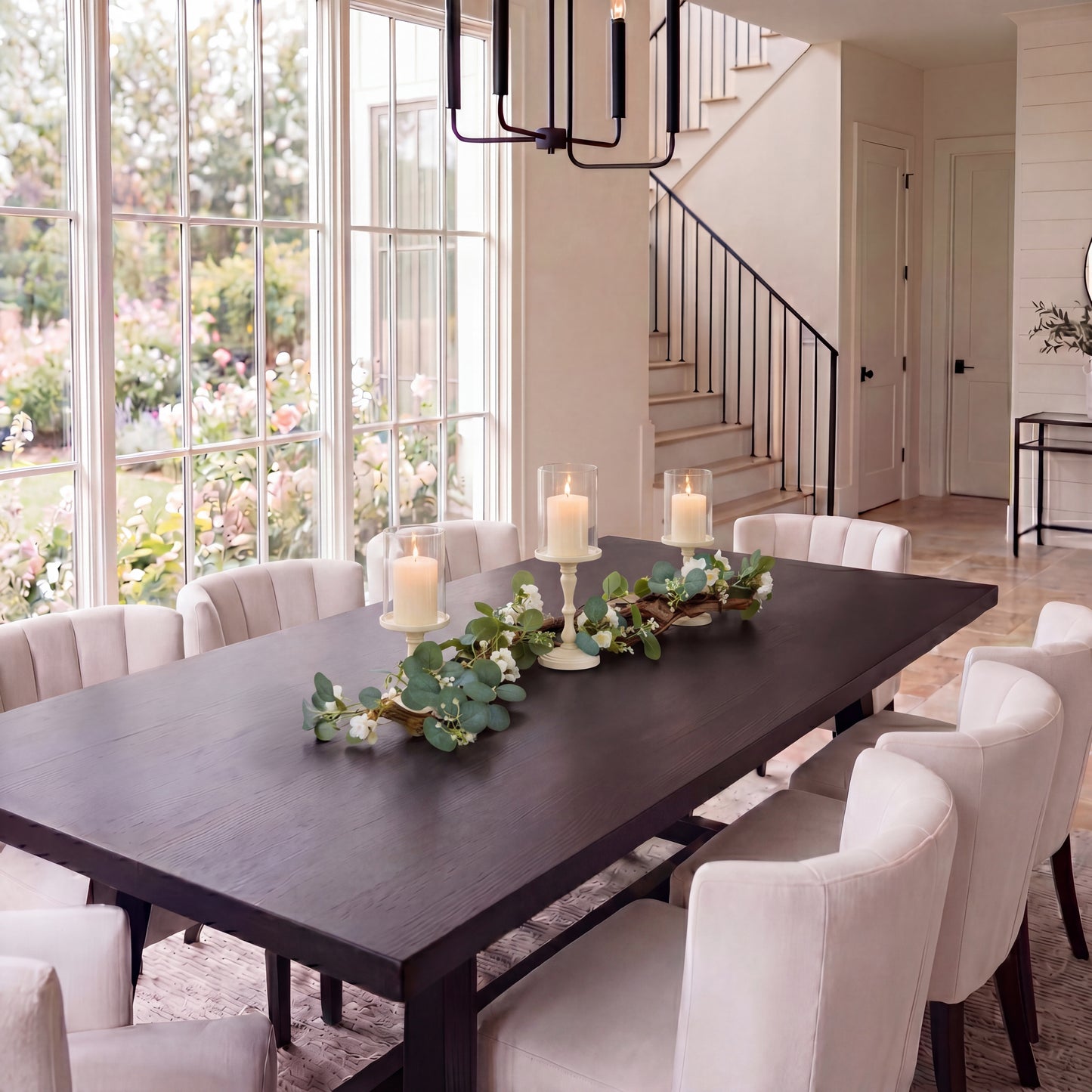 Rustic Farmhouse Centerpiece : Eucalyptus Garland, Ivory Candle Holders, Table Decor
