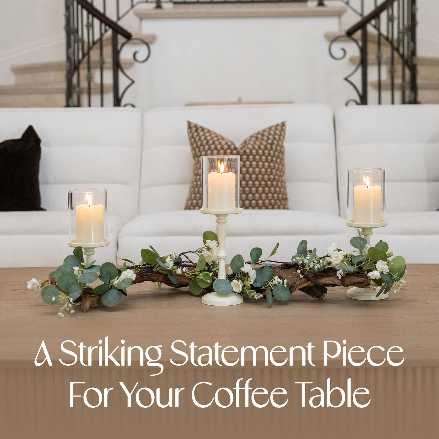 Rustic Farmhouse Centerpiece : Eucalyptus Garland, Ivory Candle Holders, Table Decor