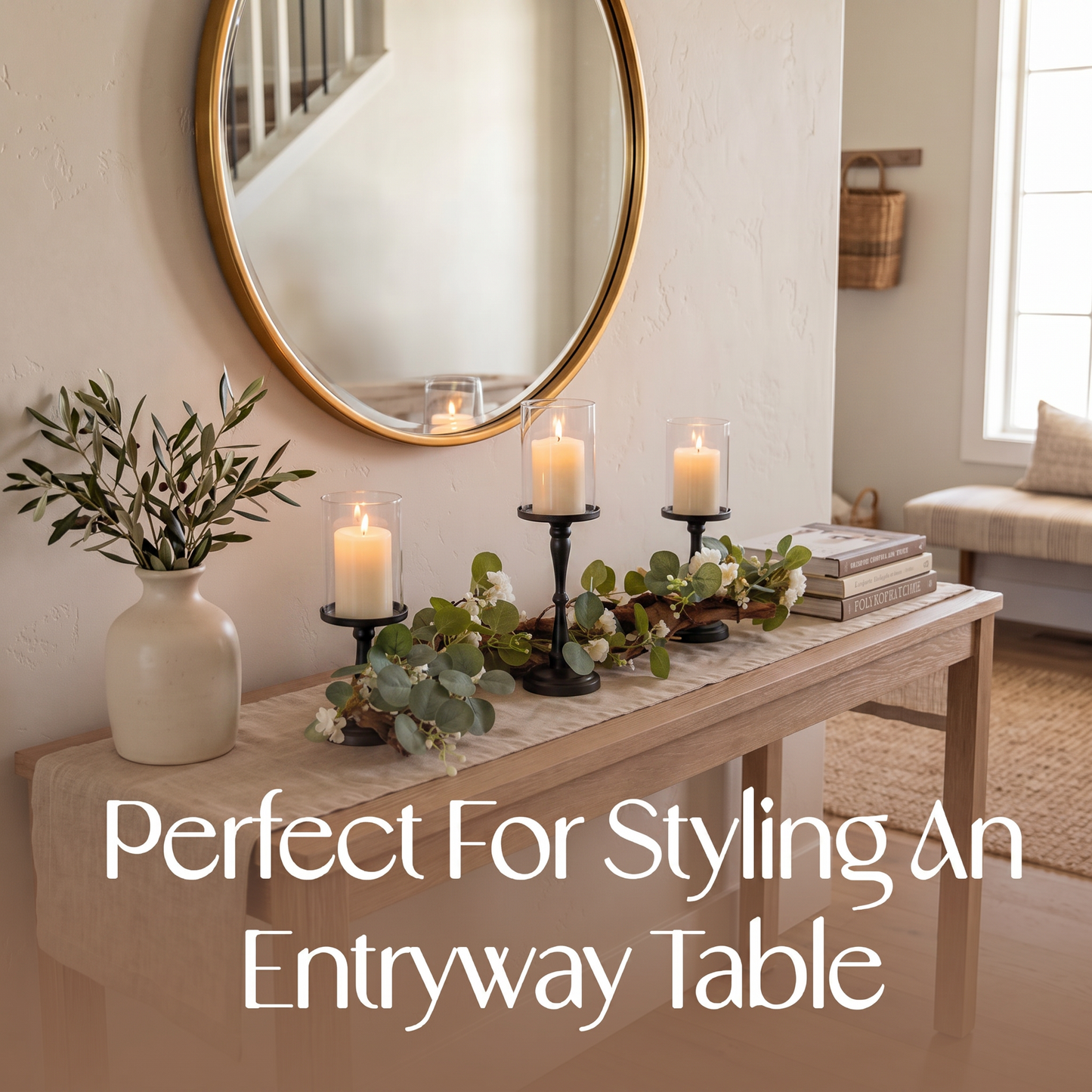 Rustic Farmhouse Centerpiece : Eucalyptus Garland, Black Candle Holders, Table Decor