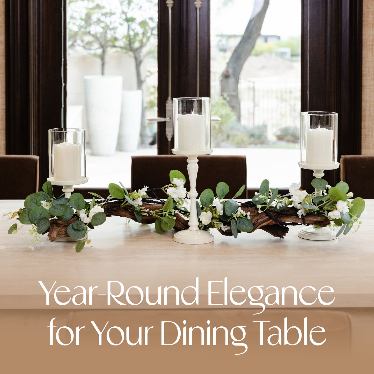 Rustic Farmhouse Centerpiece : Eucalyptus Garland, Ivory Candle Holders, Table Decor