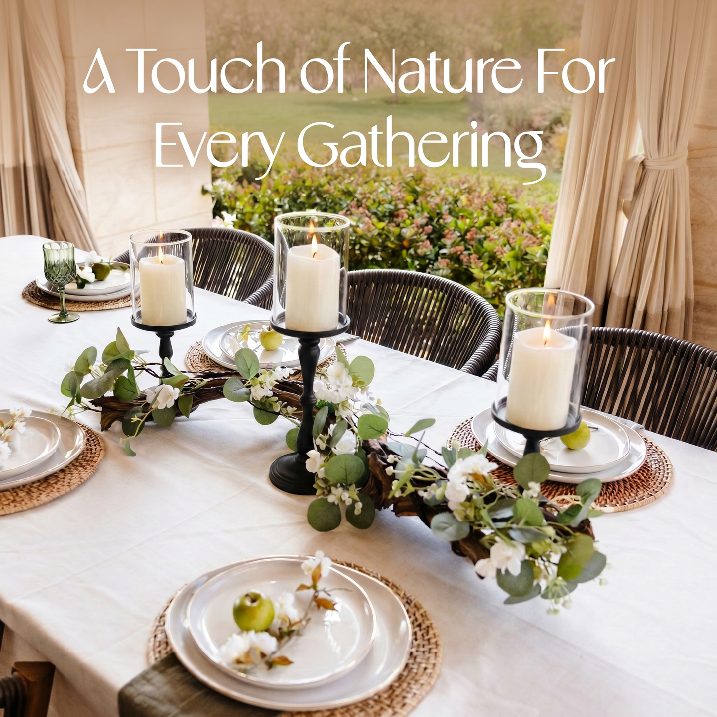 Rustic Farmhouse Centerpiece : Eucalyptus Garland, Black Candle Holders, Table Decor
