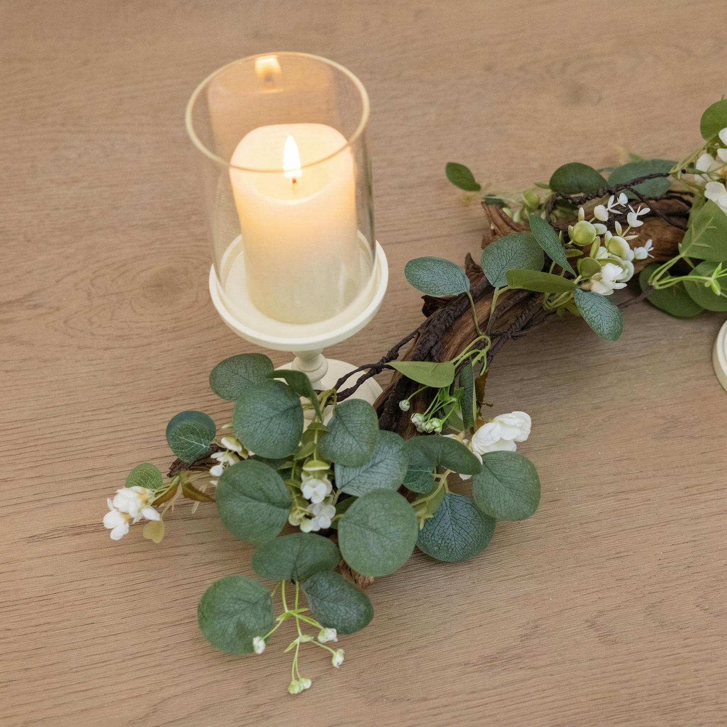 Rustic Farmhouse Centerpiece : Eucalyptus Garland, Ivory Candle Holders, Table Decor