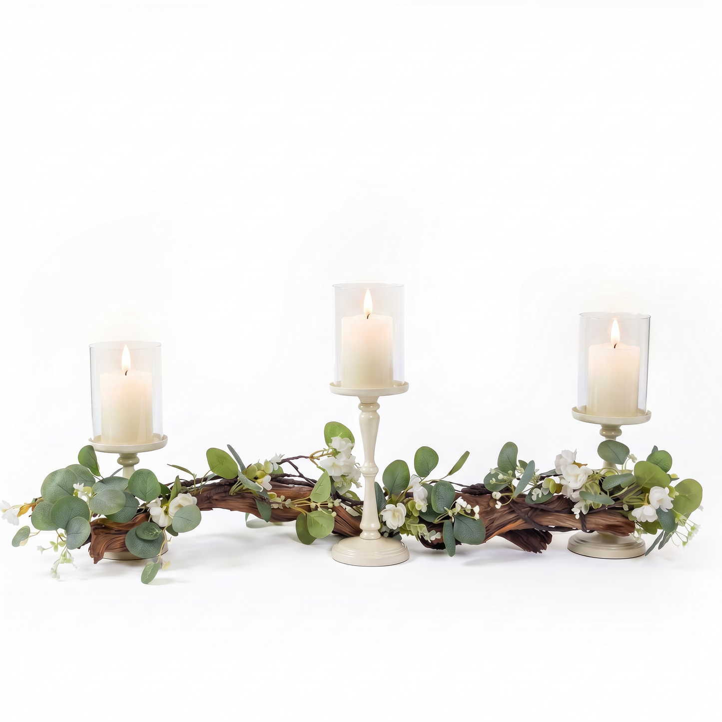 Rustic Farmhouse Centerpiece : Eucalyptus Garland, Ivory Candle Holders, Table Decor